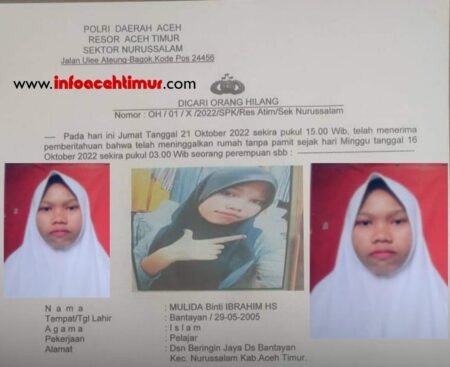Mulida Bocah SMP di Aceh Timur Hilang Tanpa Jejak