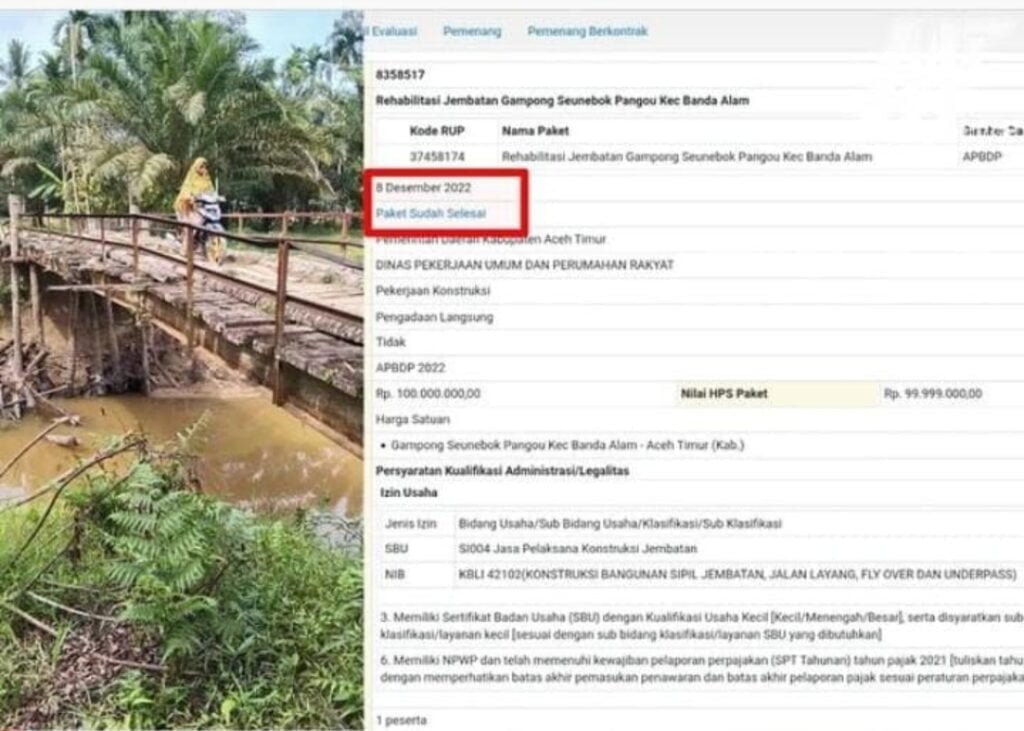 Rehabilitas Jembatan Seuneubok Pangou Senilai Rp99 Juta Lebih Diduga Tak Dikerjakan